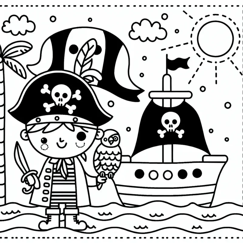 Un pirate avec son perroquet sur un bateau pirate naviguant sur l'océan