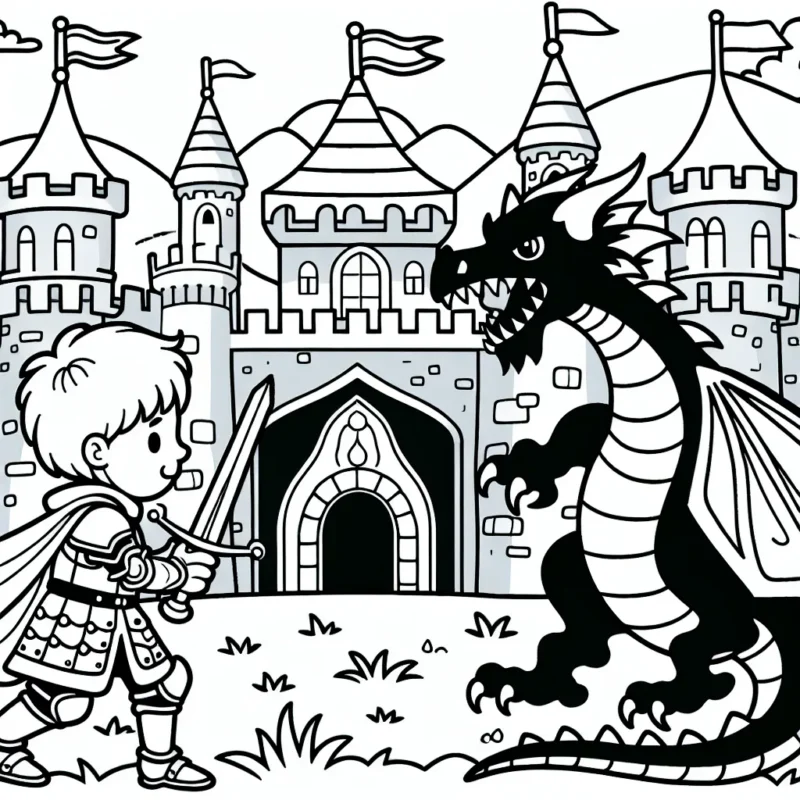 Un petit garçon chevalier affronte un féroce dragon souriant devant un majestueux château médiéval.