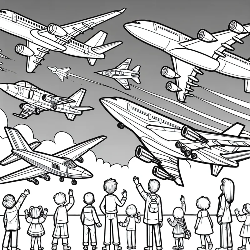 Des avions de multiple types planent dans le ciel pendant que des enfants les regardent avec fascination. Il y a un avion de ligne, un avion de chasse et un avion de voltige.