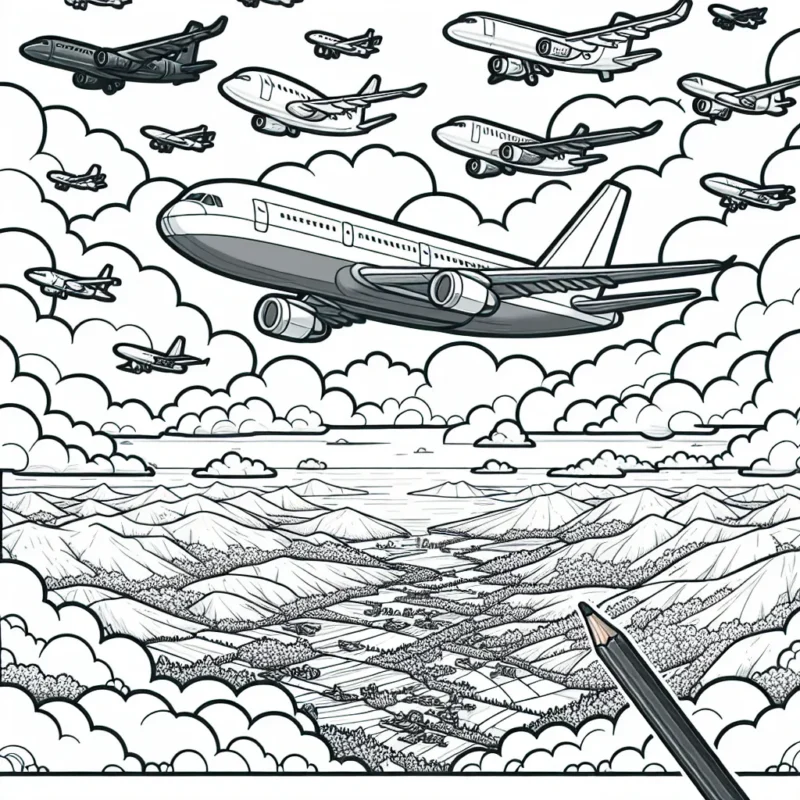 Imaginez une scène fascinante dans le ciel bondé d'avions. L'avion principal est un grand avion de ligne, entouré de petits avions de chasse. Sous les avions, des montagnes et des champs défilent. Des nuages doux et moelleux entourent également les avions.