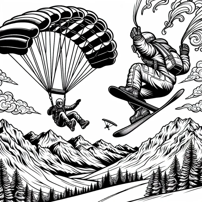 Imagine un dessin captivant montrant un parachutiste descendant en flèche vers la terre, un snowboardeur réalisant un saut audacieux sur les montagnes enneigées et un surfeur acrobatique domptant les vagues tumultueuses de l'océan.