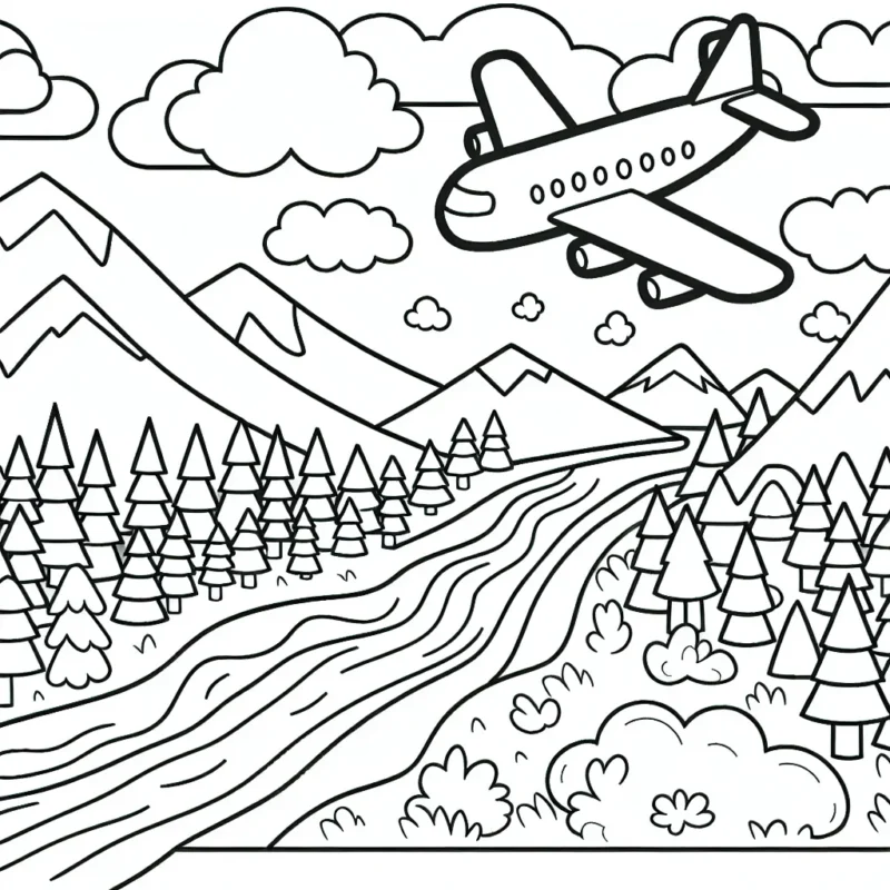Un avion volant au-dessus d'un paysage varié composé de montagnes, rivières et de forêts, accompagné de nuages moelleux dans le ciel