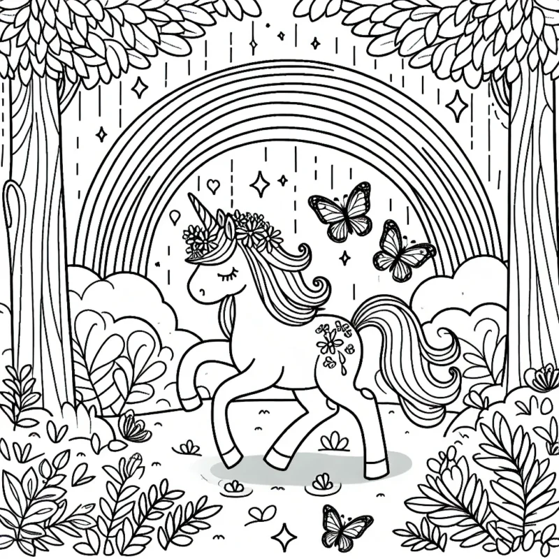 Dans une forêt enchantée, une licorne joue avec des papillons magiques sous un arc-en-ciel