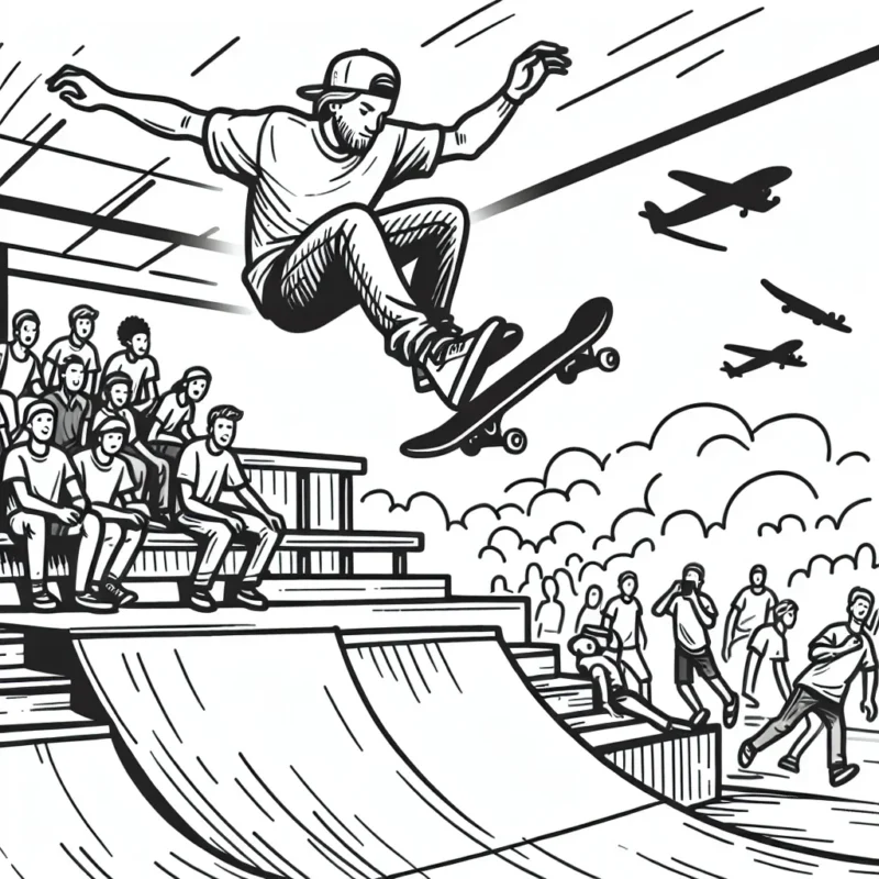 Un skateur effectue un saut impressionnant au-dessus d’une rampe, dans un parc de skate. Sous un ciel ensoleillé, une foule de spectateurs admiratifs assiste à la scène. En arrière-plan, on aperçoit d’autres athlètes pratiquant différents sports extrêmes.