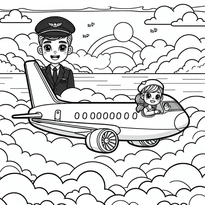 Dessine un avion de passagers naviguant à travers les nuages, un pilote et une hôtesse de l'air à bord, avec une vue panoramique du coucher de soleil en arrière-plan.