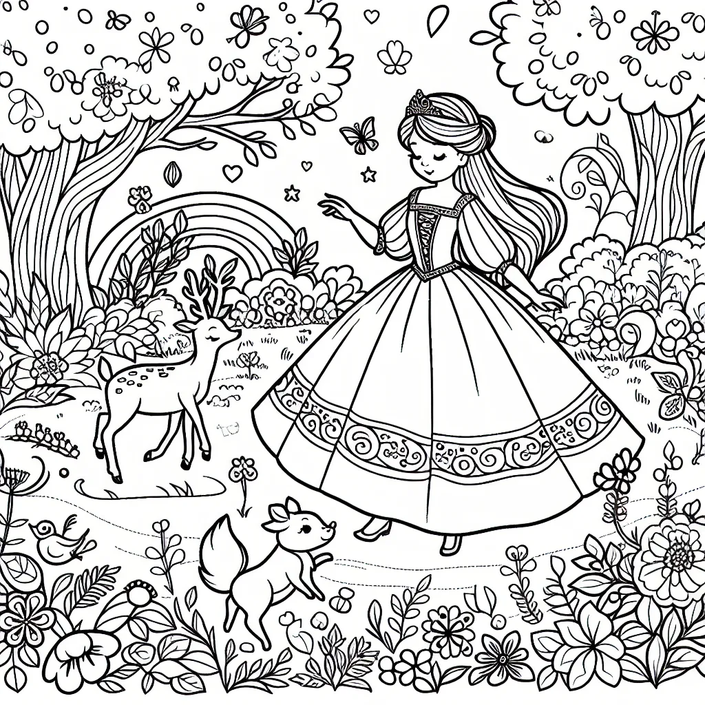 Une princesse affable se promenant dans un jardin merveilleux rempli de fleurs multicolores et d'animaux enchantés.