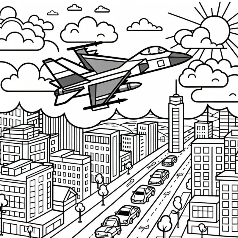 Dessine un avion de chasse en plein vol traversant des nuages au-dessus d'une ville animée.