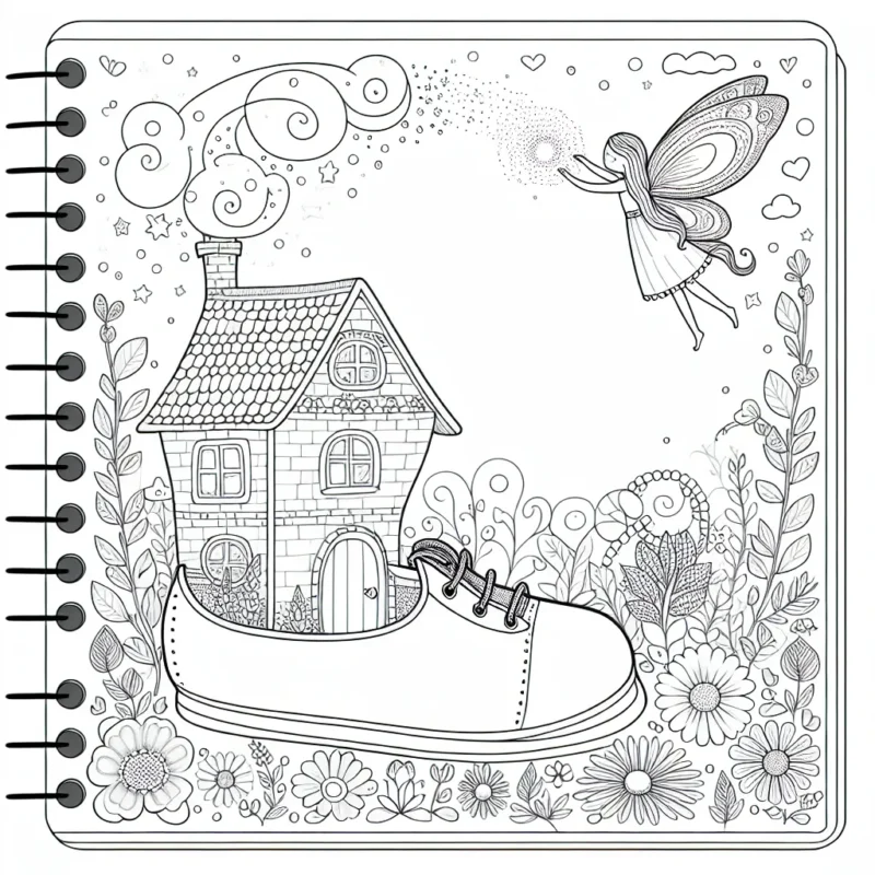 Illustration d'une maison en forme de chaussure géante entourée d'un jardin floral avec une délicate petite fée qui vole au-dessus, répandant de la poudre magique