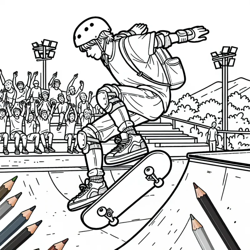 Sur cette scène, un skateboarder effectue un mouvement appelé un Ollie au-dessus d'une rampe dans un skatepark. Il y a des spectateurs enthousiastes dans le fond. Dessinez les différentes parties élémentaires comme le skateboard, le casque, les genouillères, le sac à dos et les chaussures. Ajoutez des détails au skatepark en dessinant des rampes, des rails et des escaliers. Mettez en couleur l’ensemble.