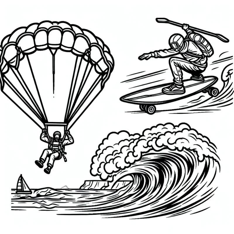 Un parachutiste s'apprête à sauter d'un avion, un surfeur affronte une énorme vague et un skateur exécute un tour audacieux dans un skatepark !
