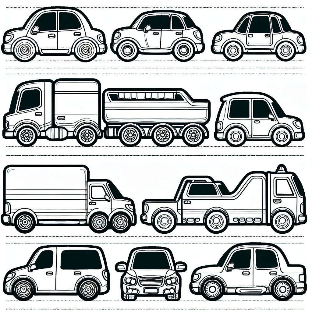 Un dessin montrant différentes marques de voitures alignées en rang prêtes à être colorées.