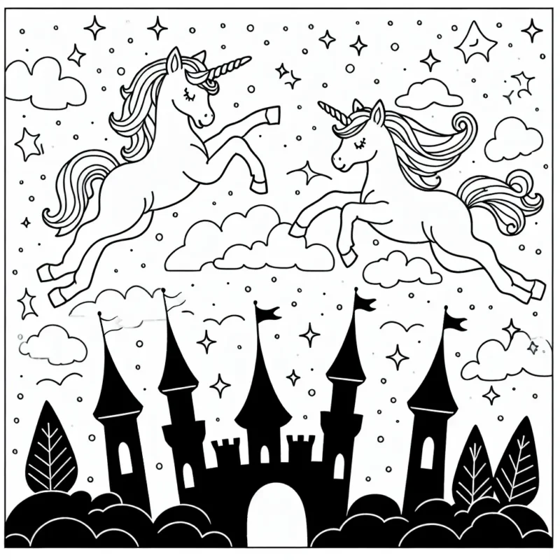 Deux licornes bondissant dans un ciel étoilé autour d'un château magique