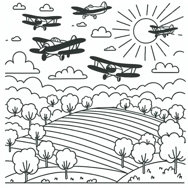 Un escadron d'avions survolant une campagne verdoyante sous le soleil du milieu de l'après-midi