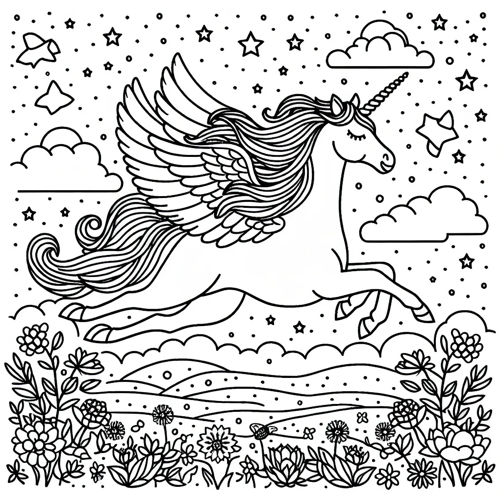 Imagine une magnifique licorne qui vole dans un ciel étoilé, au-dessus d'une plaine peuplée de jolies fleurs.