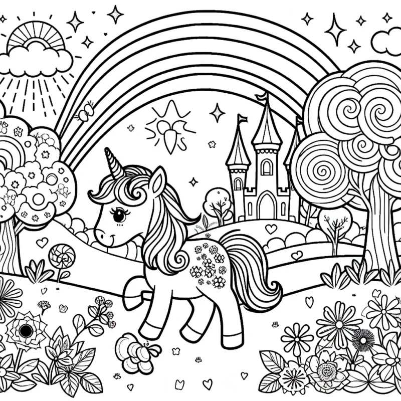 Une jolie licorne se promène dans un jardin fantastique rempli de fleurs étonnantes, d'arbres aux bonbons et d'un arc-en-ciel brillant. À côté de la licorne, il y a un petit papillon qui l'accompagne dans sa promenade. Pour rendre cette scène plus intéressante, il y a également un château féerique à l'arrière-plan.