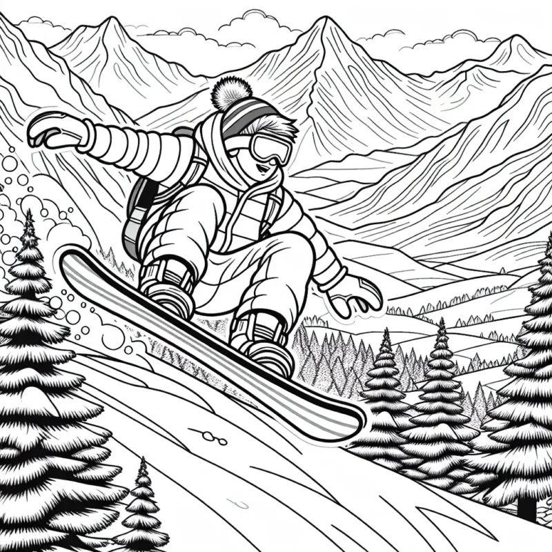 Un jeune homme est en train de dévaler la piste d'une haute montagne sur son snowboard. La montagne est couverte de douces collines et de pentes raides. Il est en plein saut acrobatique avec son snowboard, et des sapins enneigés peuvent être vus de part et d'autre de la piste. Au loin, on peut voir des montagnes encore plus grandes et majestueuses.