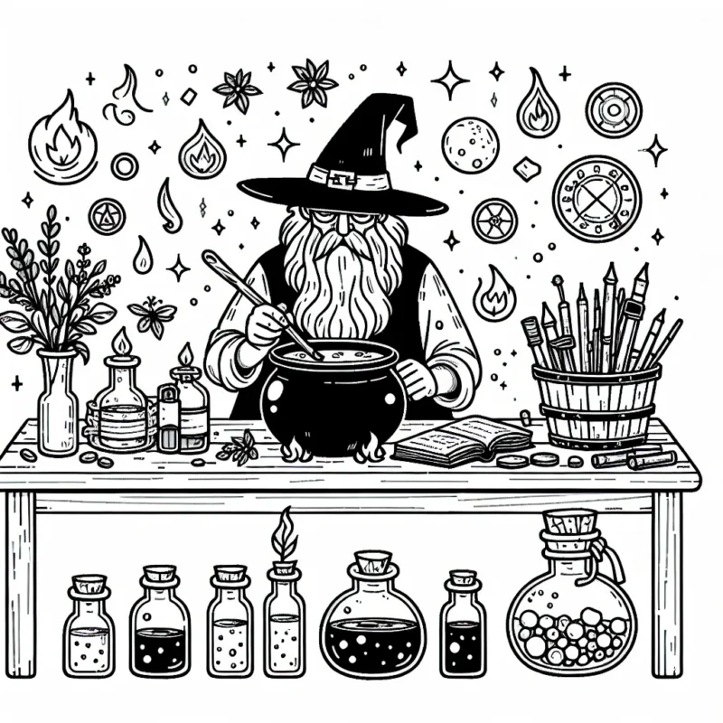 Aide l'apprenti alchimiste à fabriquer sa potion ! Utilise tes couleurs pour mélanger les ingrédients de sa recette, colorie les bouteilles de potions, les herbes magiques, la marmite bouillante et l'alchimiste lui-même à sa table de travail.