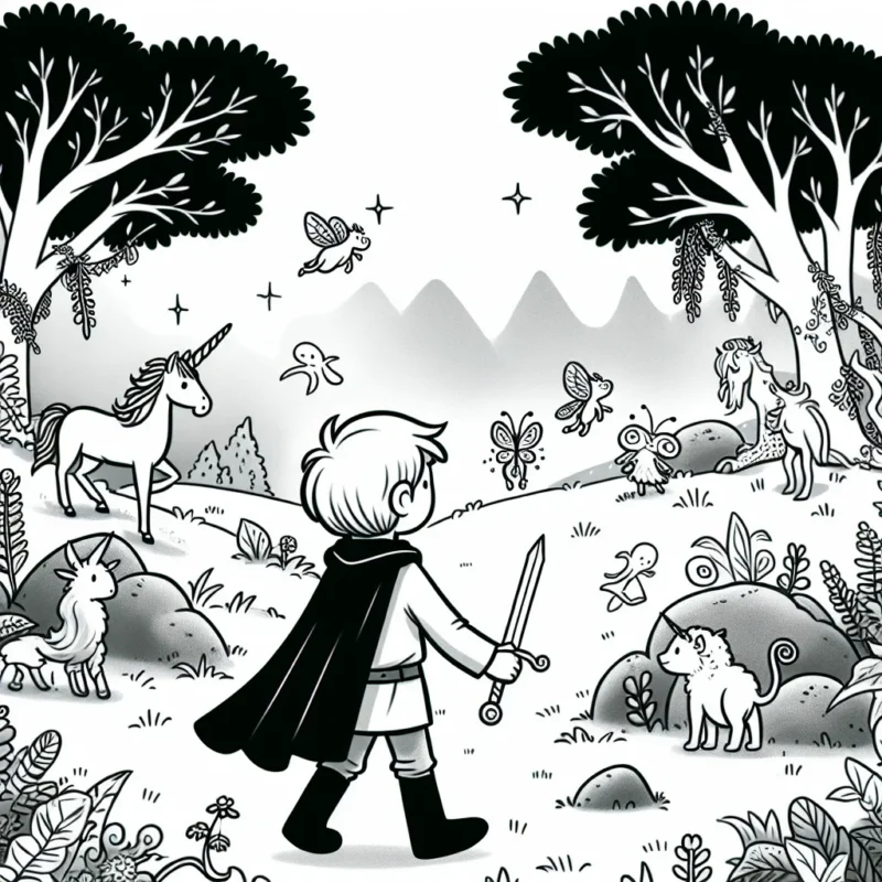 Un petit garçon s'aventure dans une forêt enchantée peuplée de créatures fantastiques. Il porte une cape de chevalier et tient une épée en bois. Il rencontre des licornes, des fées, des elfes et des trolls.