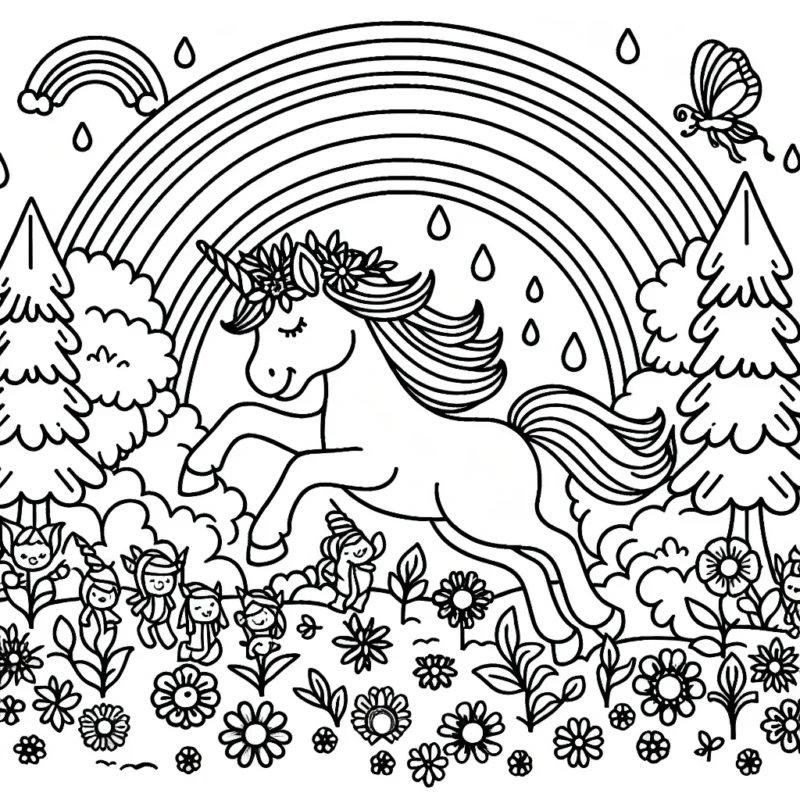 Une scène féerique de licorne pranciante à travers une forêt enchantée, entourée de petites elfes au milieu de fleurs colorées et d'arc-en-ciel.