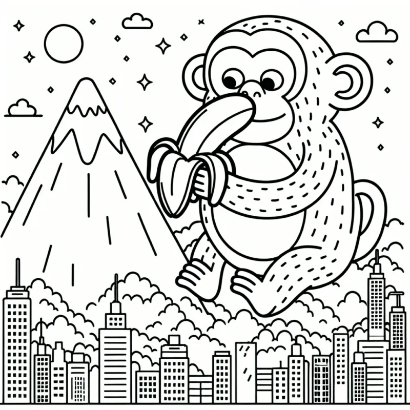 Un singe géant sur une montagne qui mange une immense banane tout en regardant une ville animée