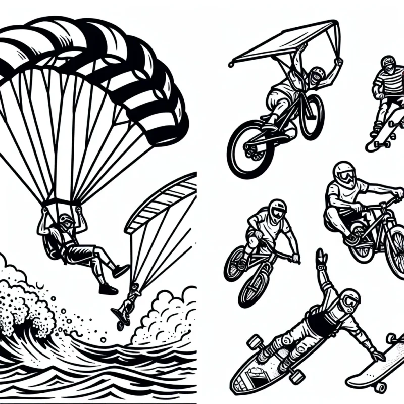 Imagine des athlètes faisant différents sports extrêmes comme le saut en parachute, le BMX freestyle, le skateboarding vert et le surf de haute mer pour créer une scène d'action palpitante.