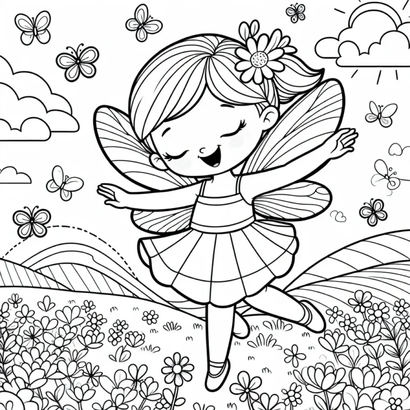Dessine une jolie petite fée qui virevolte gaiement au-dessus d'un champ de fleurs multicolores sous un merveilleux ciel de printemps.