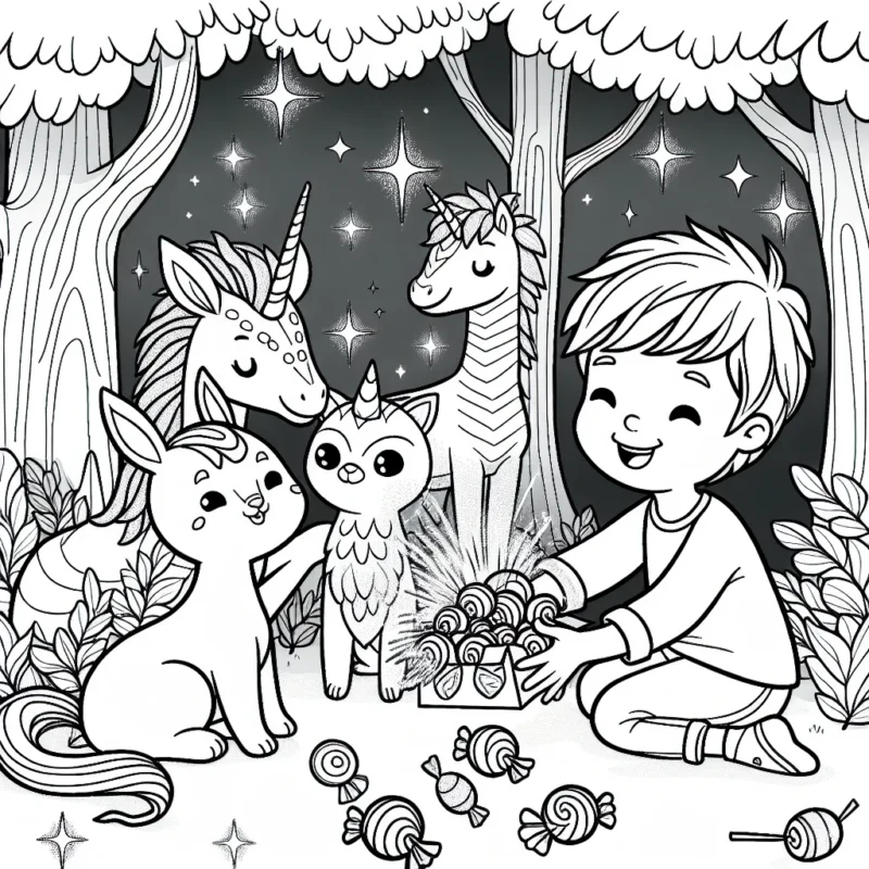 Un garçon partage des friandises brillantes avec des animaux fantastiques dans une forêt enchantée