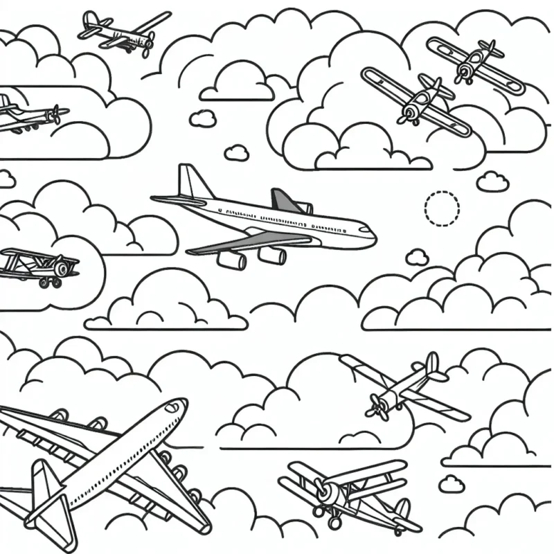 Scénario aérien avec divers avions volant dans le ciel parsemé de nuages