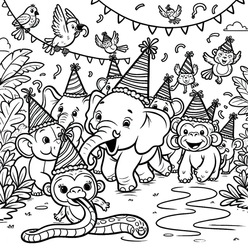 Une parade d’animaux de la jungle ayant une fête d'anniversaire avec des chapeaux de fête