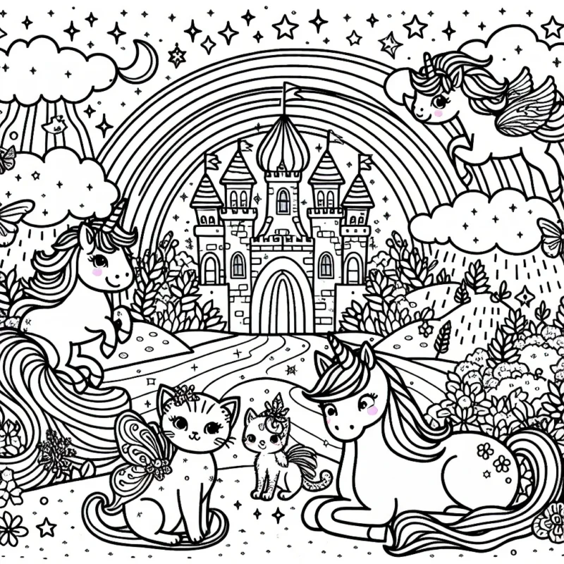 Un royaume enchanté peuplé de licornes, de fées, et de chaton magiques à colorier, complété d'un arc-en-ciel scintillant et d'une cascade d'étoiles.