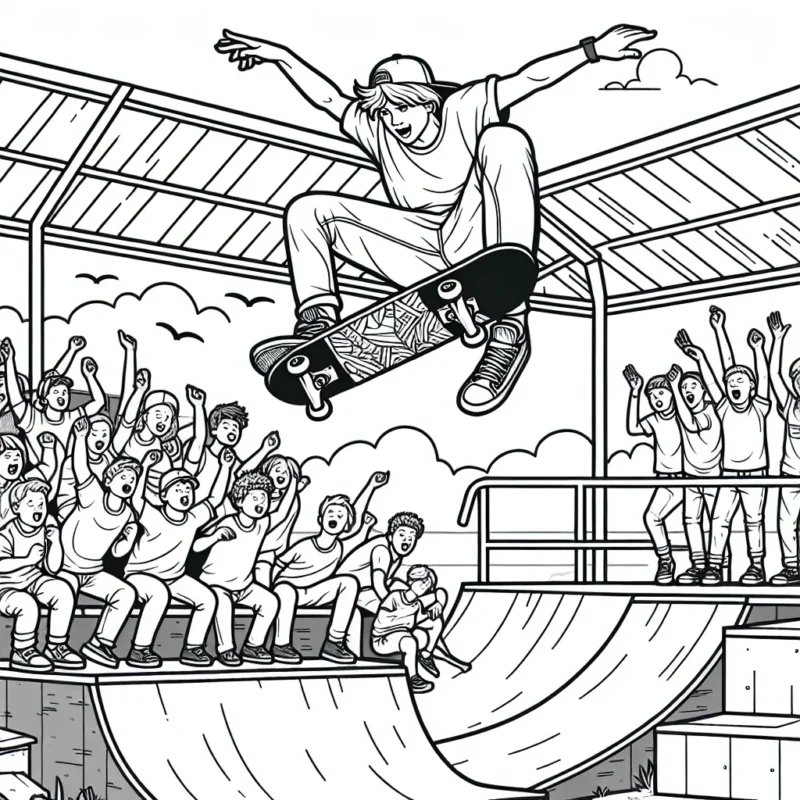 Un skateboarder effectue un saut époustouflant au-dessus d'une rampe dans un skatepark. Des spectateurs enthousiastes se tiennent en arrière-plan. Combinez vos compétences en coloration pour donner vie à cette scène palpitante !