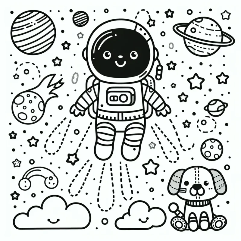 Un petit astronaute volant dans l'espace, entouré de planètes colorées, comètes et étoiles filantes. Il est accompagné par son animal de compagnie, un chien robotisé.