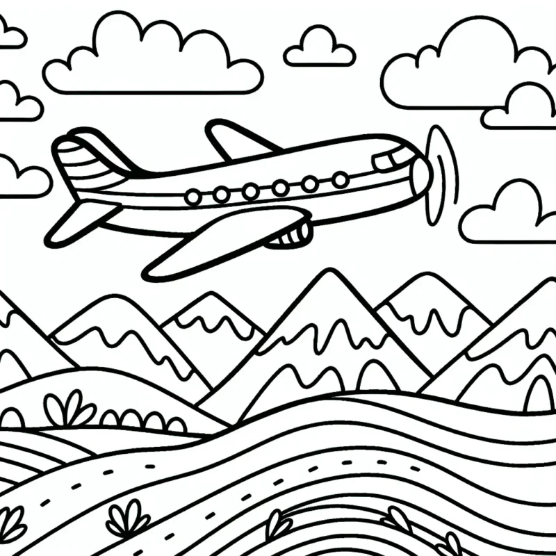 Un avion est en plein vol dans le ciel, survolant un paysage montagneux. Choisis des couleurs joviales pour rendre ce voyage aérien encore plus extraordinaire!