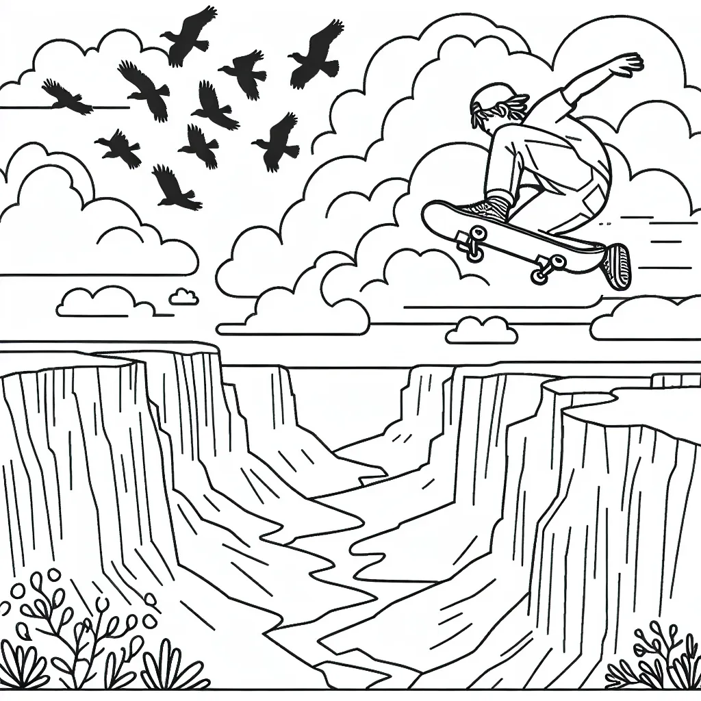 Dessine un skateur en plein saut au-dessus d'un grand canyon sous un ciel nuageux, avec des oiseaux migrateurs au loin.