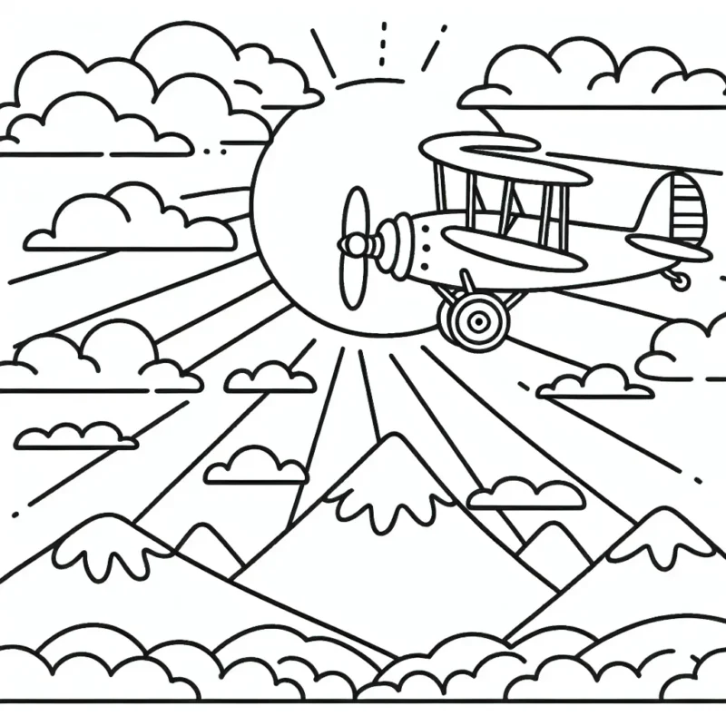 Dessine un avion biplan survolant une chaîne de montagnes, accompagné de nuages et d'un grand soleil levant.