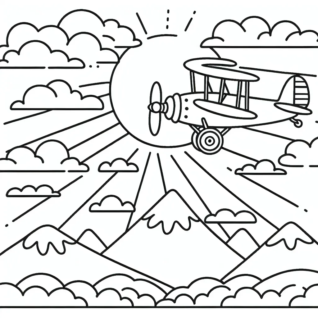 Dessine un avion biplan survolant une chaîne de montagnes, accompagné de nuages et d'un grand soleil levant.