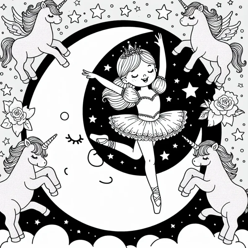 Ballerine enchantée dansant sur une lune étoilée entourée de licornes