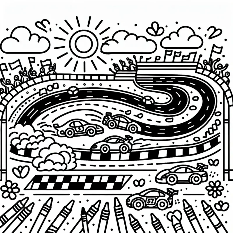 Rassemblez toutes vos crayons et donnez vie à cette scène animée d'un circuit de course automobile !