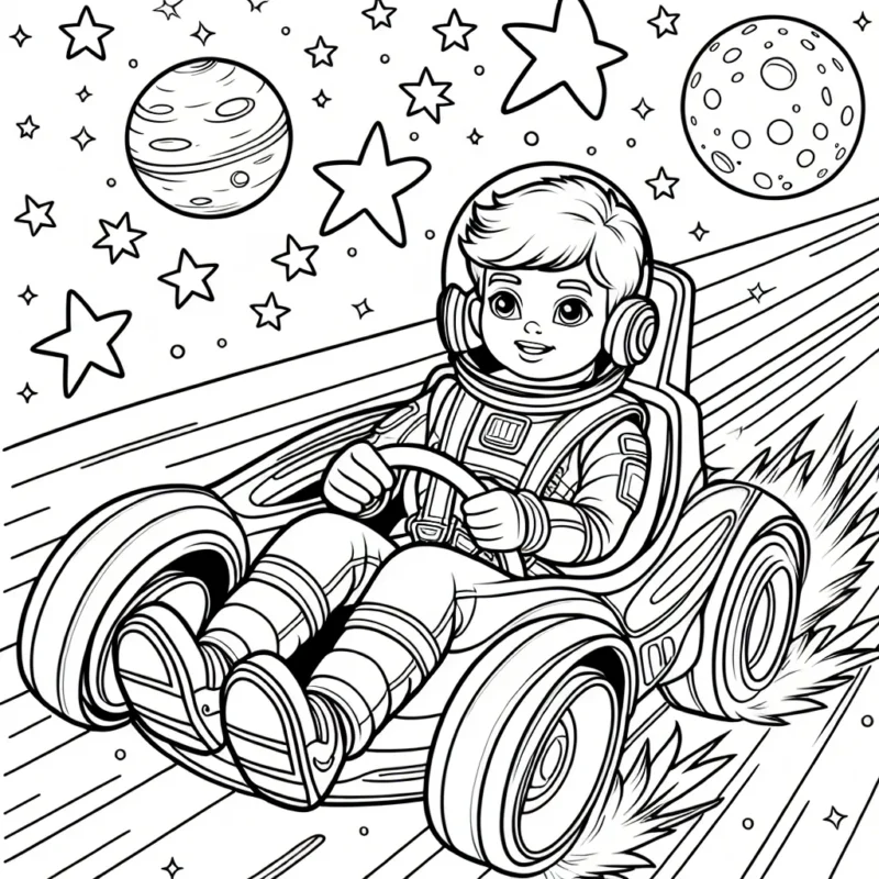 Un jeune pilote de course chevauche son bolide futuriste à travers un circuit spatial peuplé d'étoiles lumineuses et de planètes lointaines.