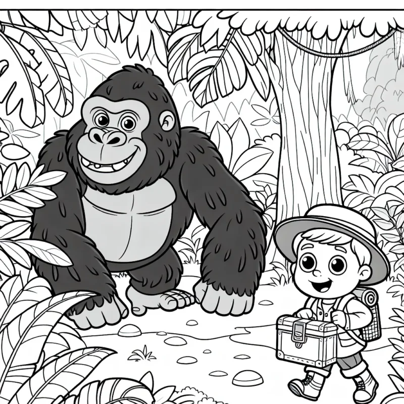 Une scène d'aventure passionnante dans la jungle avec un petit explorateur, un grand gorille amical et un trésor caché