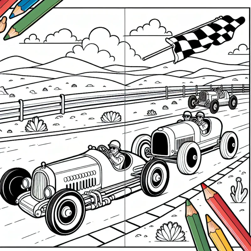 Dessine et colore une scène dynamique avec de vieilles voitures de course roulant à plein régime sur un circuit en plein milieu du désert.