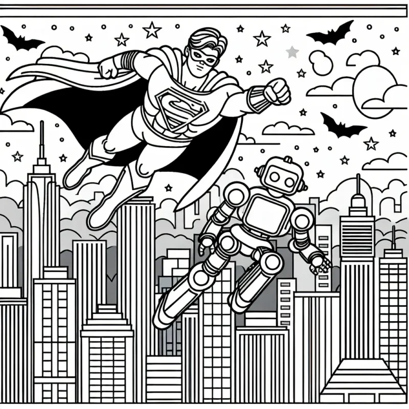 Un superhéros volant au-dessus des buildings de la ville avec son fidèle compagnon robot.