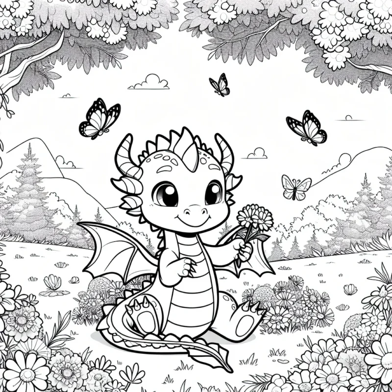 Un gentil dragon cracheur de feux, jouant avec des papillons sur une prairie fleurie, pendant une belle journée d'été.