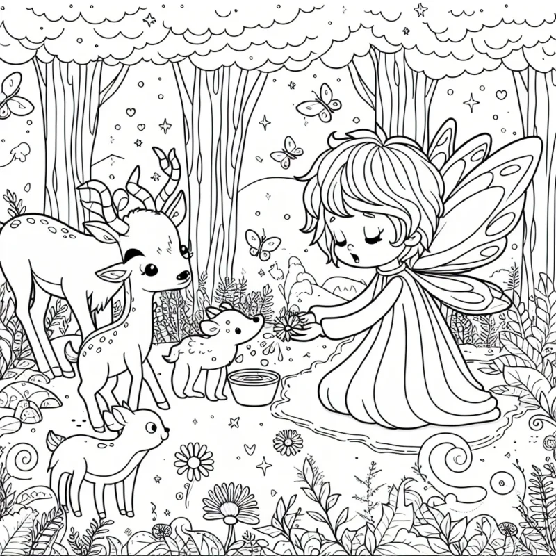 Dessine une petite fée dans une forêt enchantée en train de nourrir des animaux magiques.