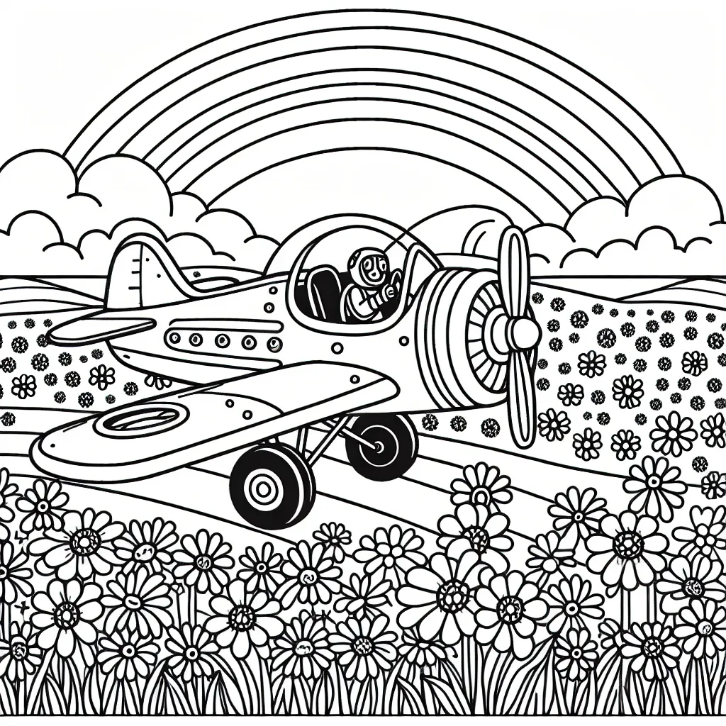 Dessinez un avion survolant un grand champ de fleurs, avec un arc-en-ciel en arrière-plan. N'oubliez pas de bien détailler le cockpit de l'avion, montrer les roues de l'avion, les différents compartiments et le chemin de l'avion dans le ciel.