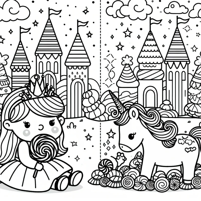 Une petite princesse fillette joue avec son adorable licorne magique dans un royaume de bonbons