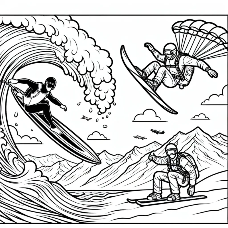 Dans ce dessin, vous verrez un surfeur sur une grande vague, un skieur descendre une montagne enneigée et un parachutiste en pleine chute libre. Ils ont chacun des équipements et des tenues différentes. Pouvez-vous les peindre avec les bonnes couleurs ?