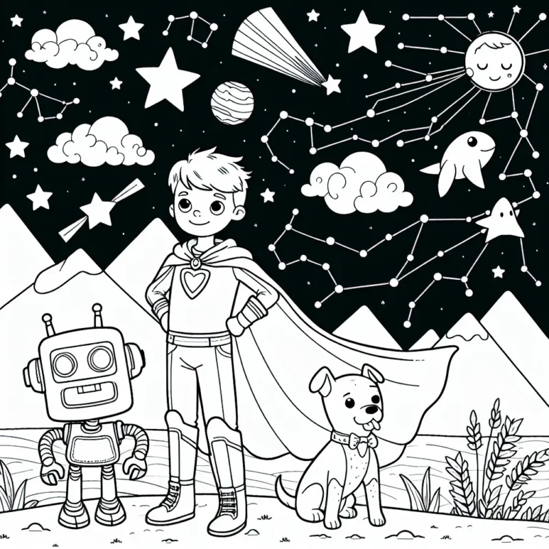Un jeune garçon avec une cape de super-héros se tient fièrement sur une montagne, tandis que son fidèle chien robotique se tient à ses côtés. Dans le ciel, diverses constellations brillent et sur le terrain, différentes sortes d'animaux sauvages observent en admiration.