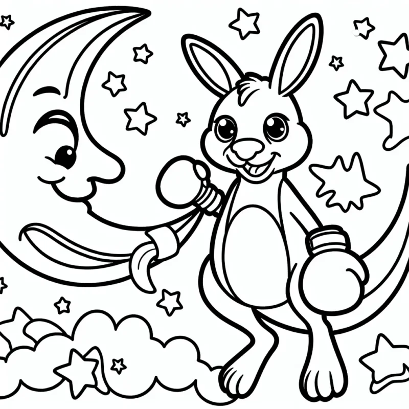 Un kangourou boxeur avec des gants de boxe colorés sautant par-dessus la lune qui sourit et des étoiles qui dansent autour de lui.