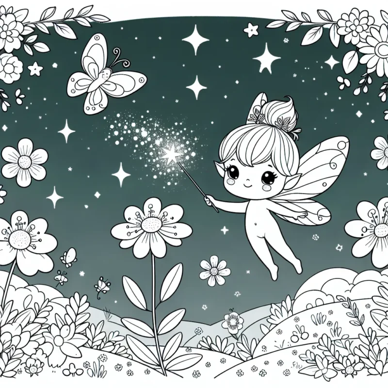 Dans un merveilleux paysage enchanté, dessine une petite fée gracile aux ailes de papillon distribuant de la poussière d'étoiles sur des fleurs en pleine floraison.